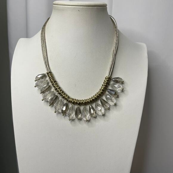 LOFT Ann Taylor statement necklace signed costume jewelry gray cord w gold tone - Picture 1 of 16